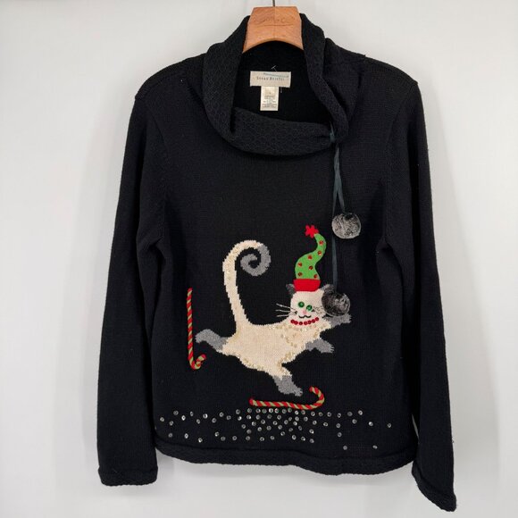 Susan Bristol Hand Embroidered Cat Sweater With Pom Poms & Sequins Long Sleeves - Picture 3 of 11